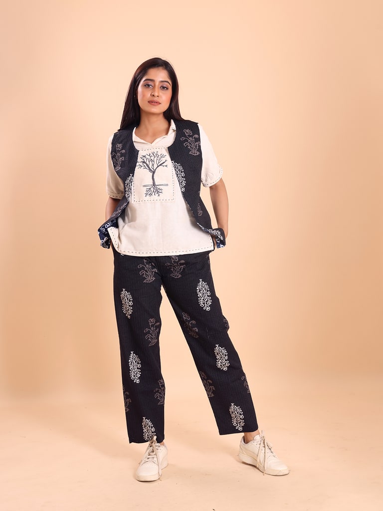 BLOUSON WOMEN COTTON PRINTED SLEEVELESS SHRUG SET - View 1