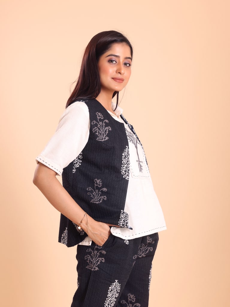 BLOUSON WOMEN COTTON PRINTED SLEEVELESS SHRUG SET - View 2