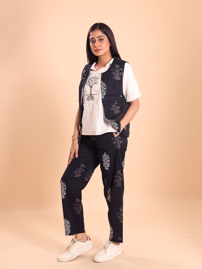 BLOUSON WOMEN COTTON PRINTED SLEEVELESS SHRUG SET - Thumbnail 3