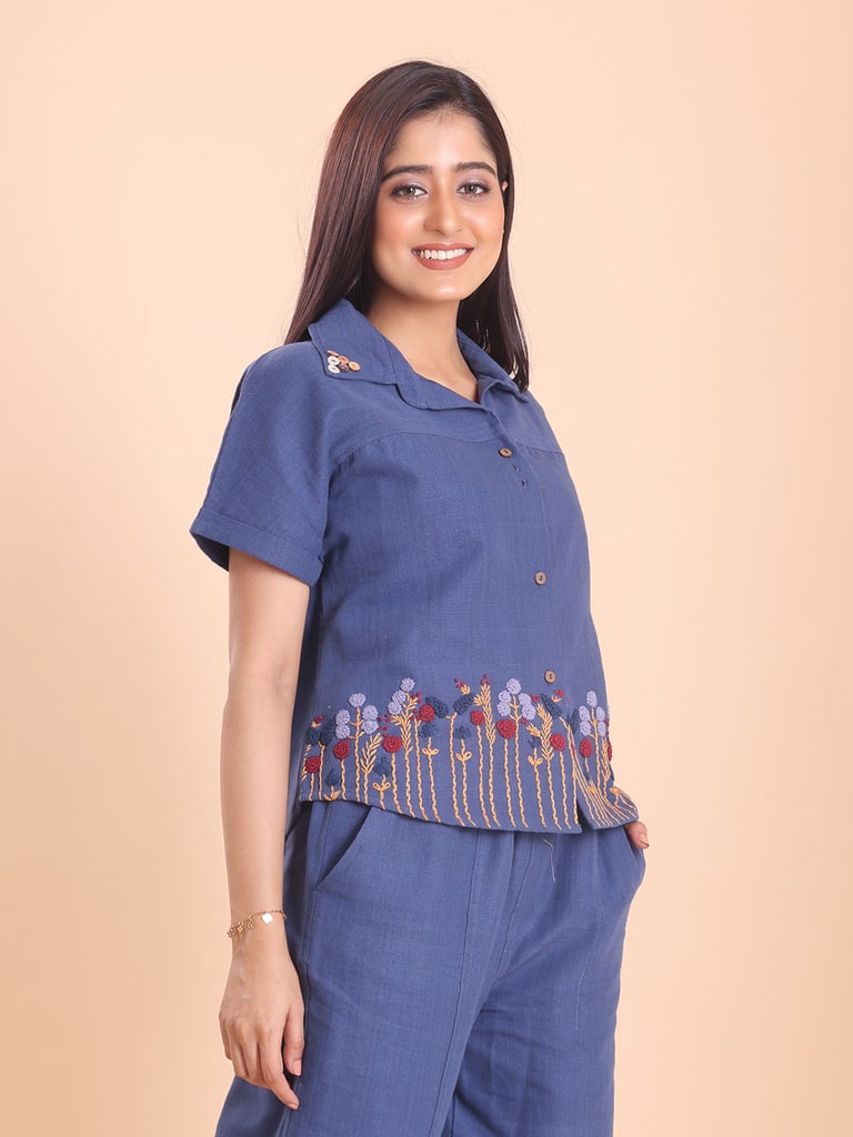 BLOUSON WOMEN KHADI COTTON EMBROIDERED SHIRT-TUNIC SET - View 4