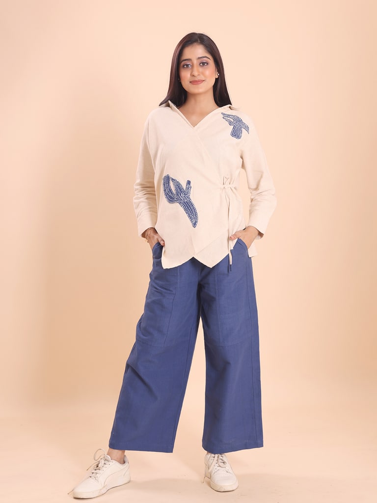 BLOUSON WOMEN KHADI COTTON EMBROIDERED ASSYMETRICAL  SHIRT-TUNIC SET - View 1