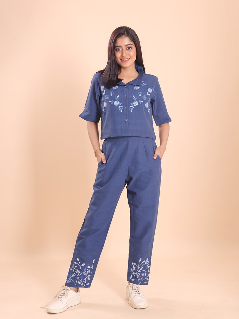 BLOUSON WOMEN KHADI COTTON EMBROIDERED CROP-TOP SET - View 1