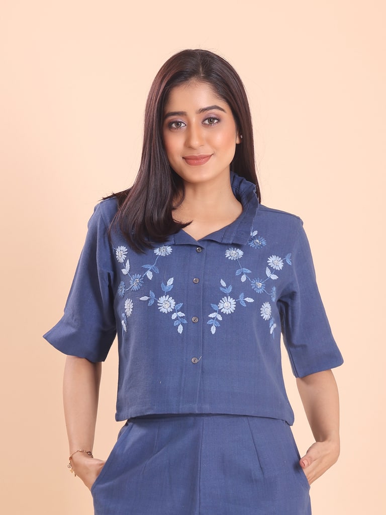 BLOUSON WOMEN KHADI COTTON EMBROIDERED CROP-TOP SET - View 2