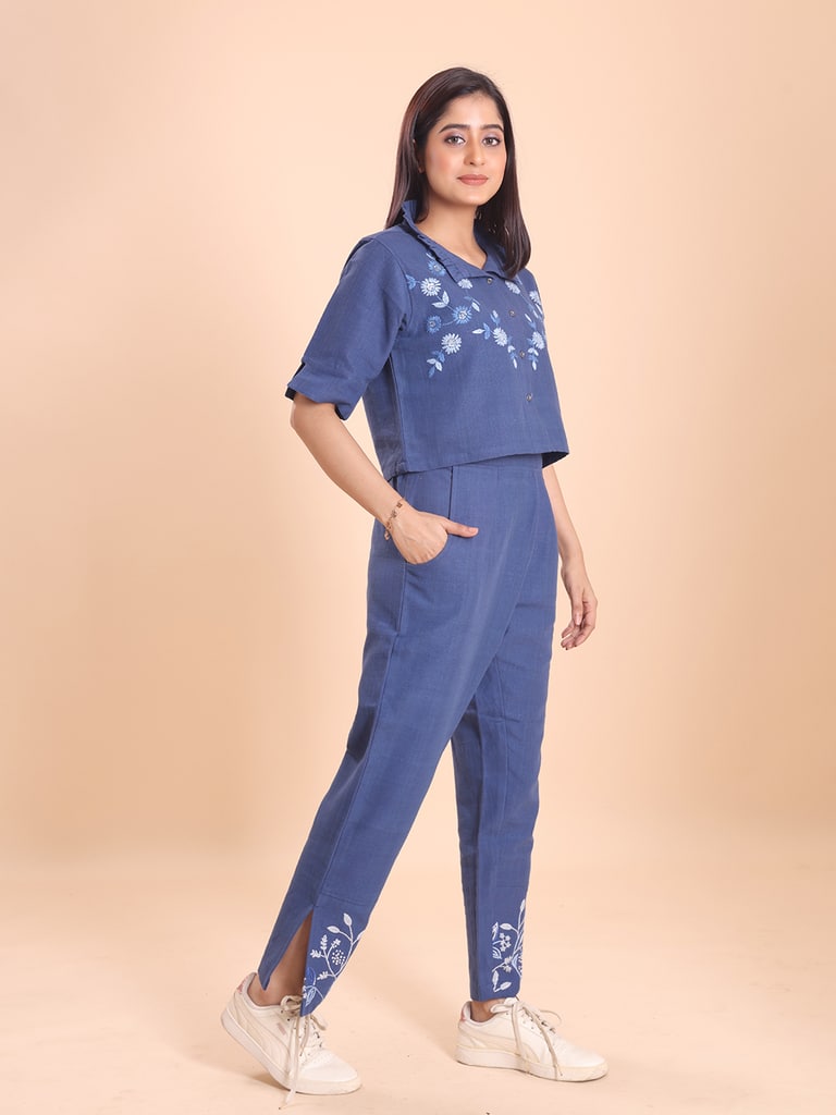 BLOUSON WOMEN KHADI COTTON EMBROIDERED CROP-TOP SET - Thumbnail 3