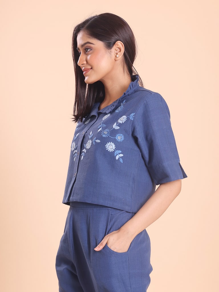 BLOUSON WOMEN KHADI COTTON EMBROIDERED CROP-TOP SET - Thumbnail 4