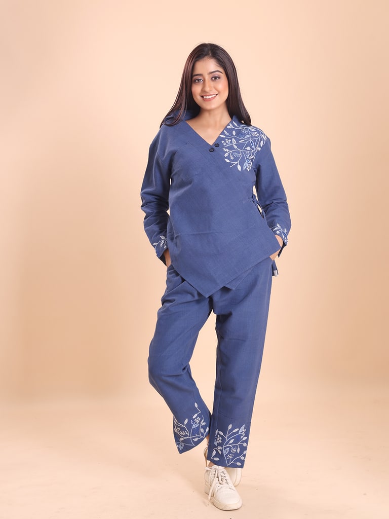 BLOUSON WOMEN KHADI COTTON EMBROIDERED ASSYMETRICAL  SHIRT-TUNIC SET - View 1