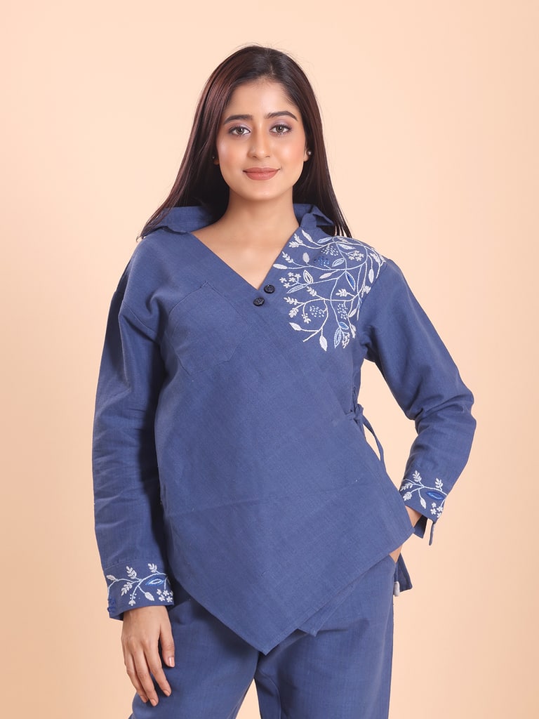 BLOUSON WOMEN KHADI COTTON EMBROIDERED ASSYMETRICAL  SHIRT-TUNIC SET - View 2