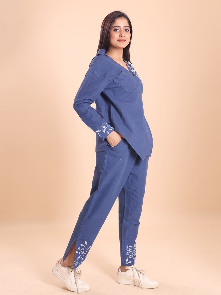 BLOUSON WOMEN KHADI COTTON EMBROIDERED ASSYMETRICAL  SHIRT-TUNIC SET - View 3