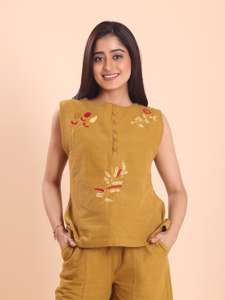 BLOUSON WOMEN KHADI COTTON EMBROIDERED SLEEVELESS TUNIC SET - View 2