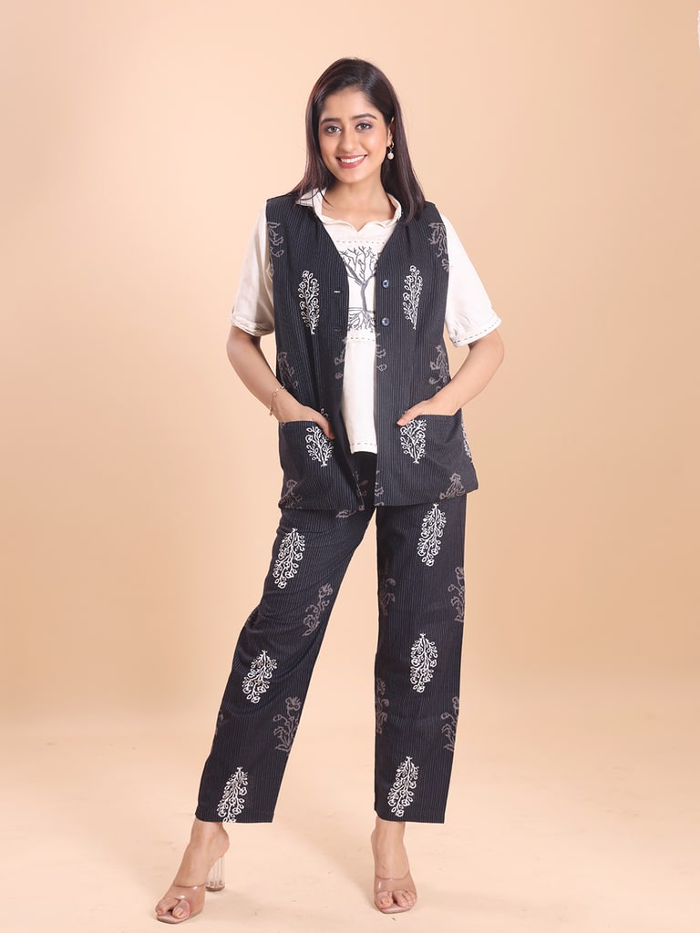 BLOUSON WOMEN COTTON PRINTED SLEEVELESS SHRUG SET - View 1
