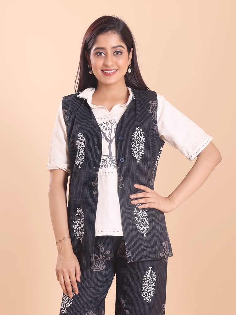 BLOUSON WOMEN COTTON PRINTED SLEEVELESS SHRUG SET - View 2