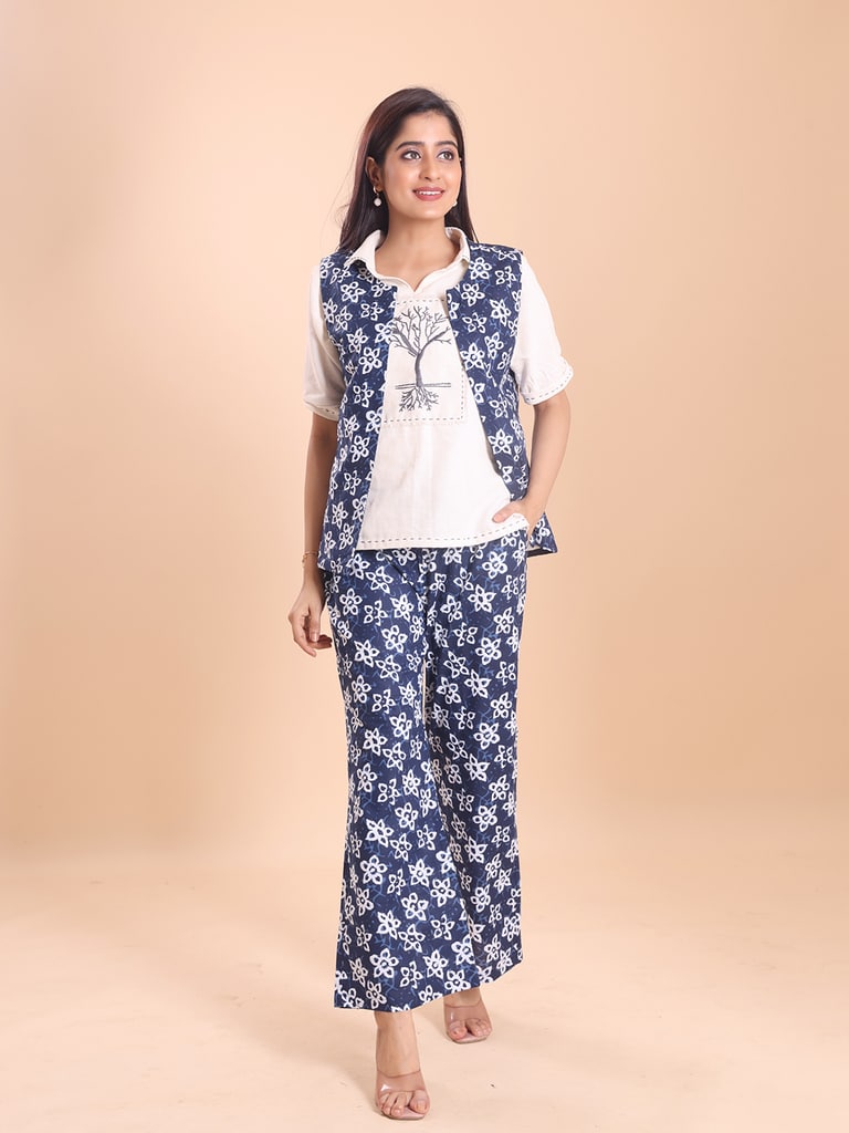 BLOUSON WOMEN COTTON PRINTED SLEEVELESS SHRUG SET - View 1