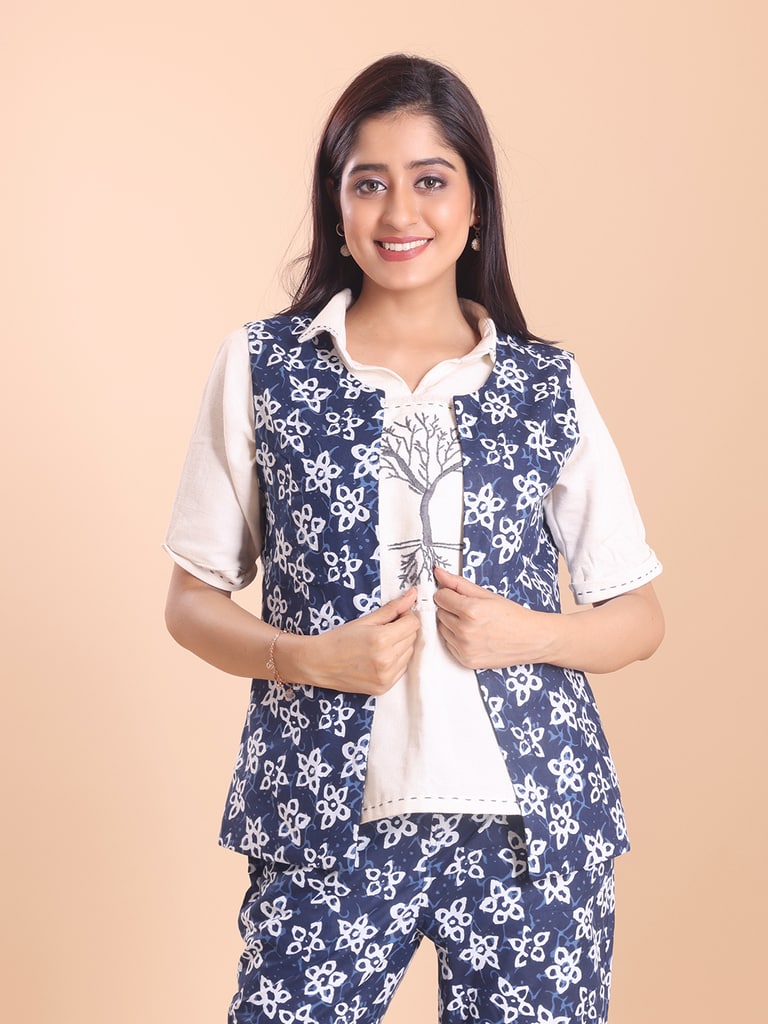 BLOUSON WOMEN COTTON PRINTED SLEEVELESS SHRUG SET - View 2