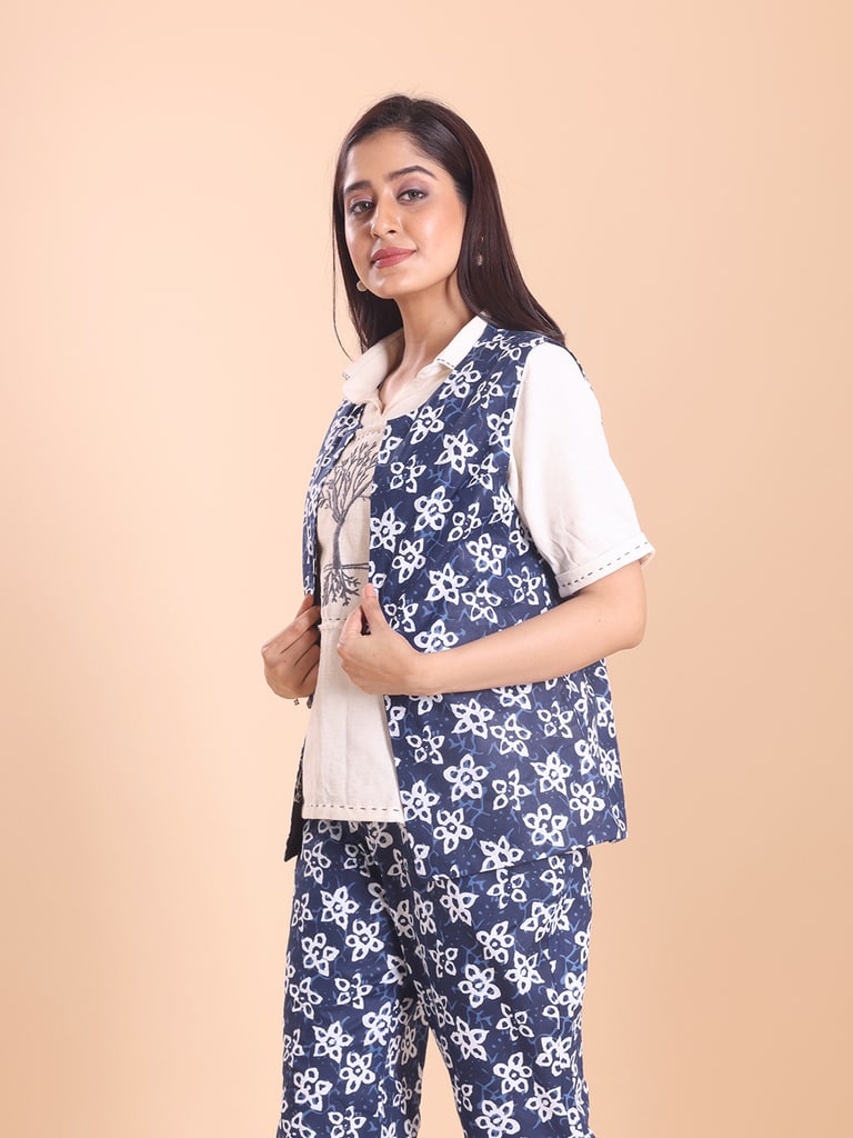 BLOUSON WOMEN COTTON PRINTED SLEEVELESS SHRUG SET - Thumbnail 4