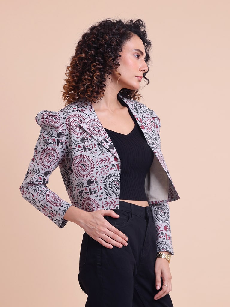 BLOUSON WOMEN COTTON WARLI PRINTED SHRUG - Thumbnail 4