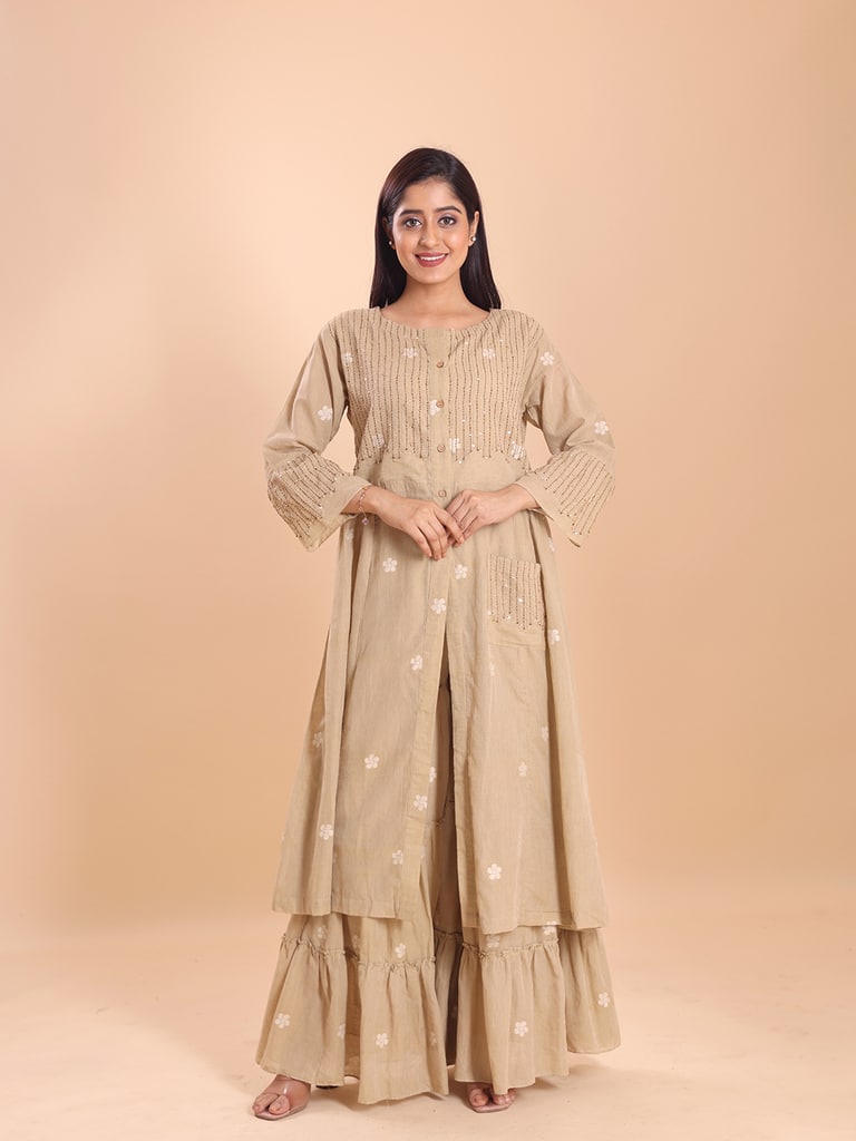 BLOUSON WOMEN COTTON JAMDANI HAND EMBROIDERED KURTI AND SARARA SET - View 1