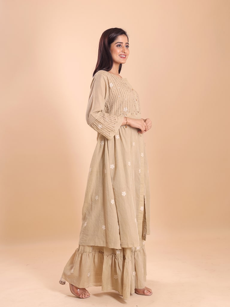 BLOUSON WOMEN COTTON JAMDANI HAND EMBROIDERED KURTI AND SARARA SET - View 5