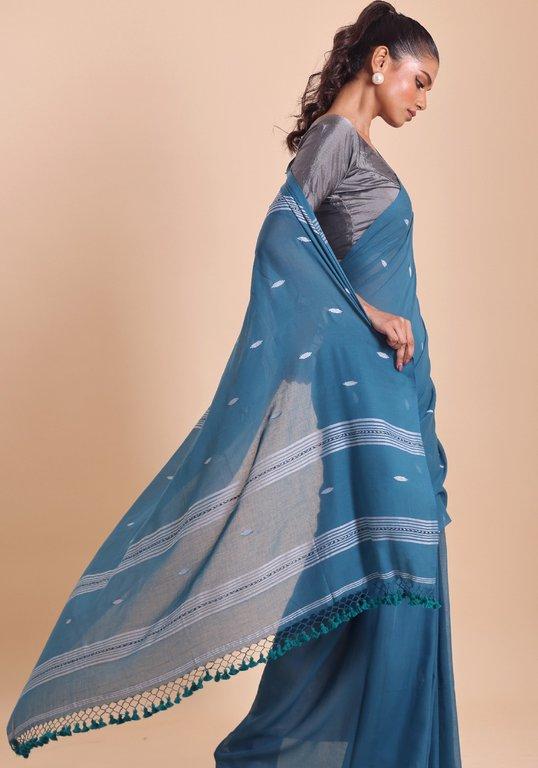 Handloom Malmal Saree- Teal - View 2