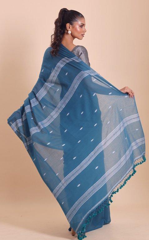 Handloom Malmal Saree- Teal - Thumbnail 4
