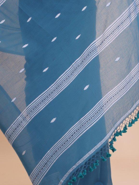 Handloom Malmal Saree- Teal - Thumbnail 5