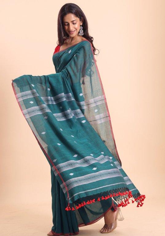 Buy Handloom Malmal Buti Jamdani Saree Online - View 2
