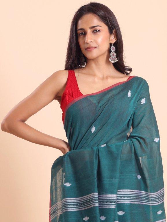 Buy Handloom Malmal Buti Jamdani Saree Online - Thumbnail 4