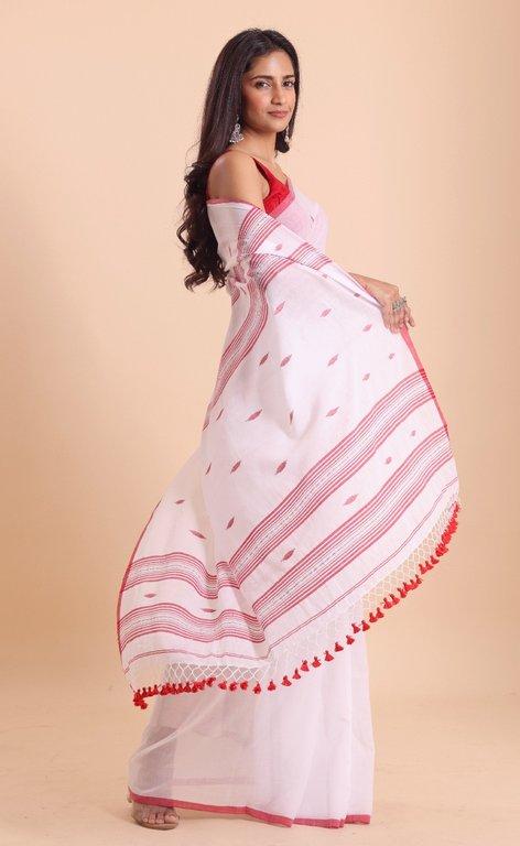 Handloom malmal buti Jamdani saree-Off White - Thumbnail 3