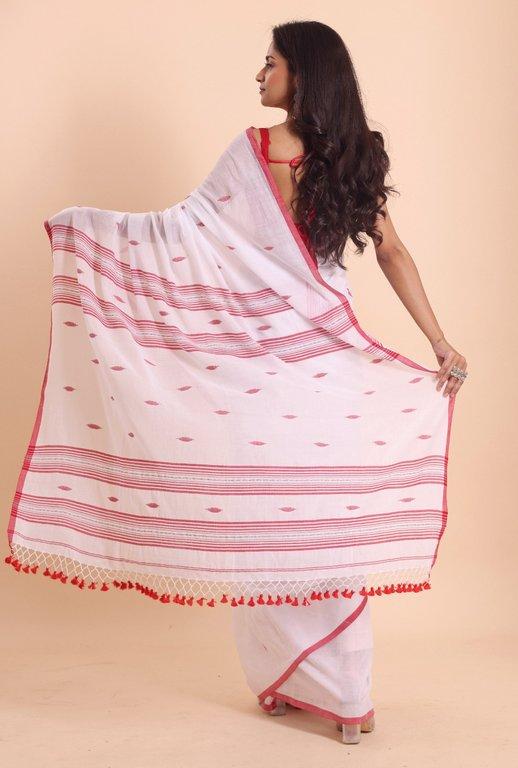 Handloom malmal buti Jamdani saree-Off White - Thumbnail 4