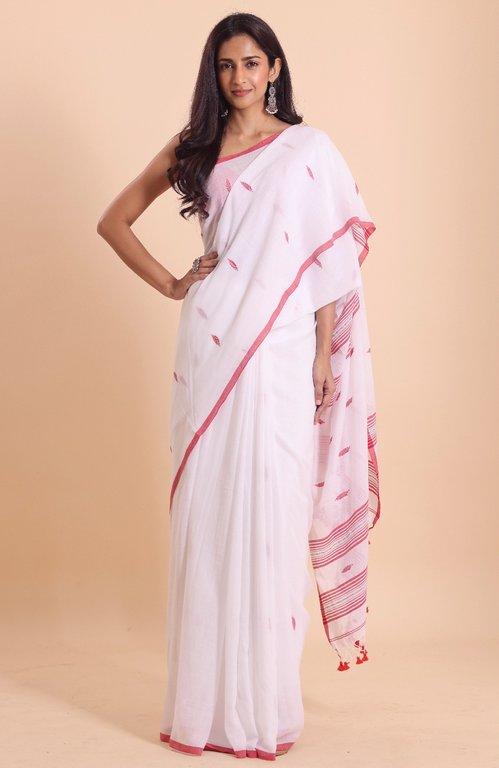 Handloom malmal buti Jamdani saree-Off White - View 2