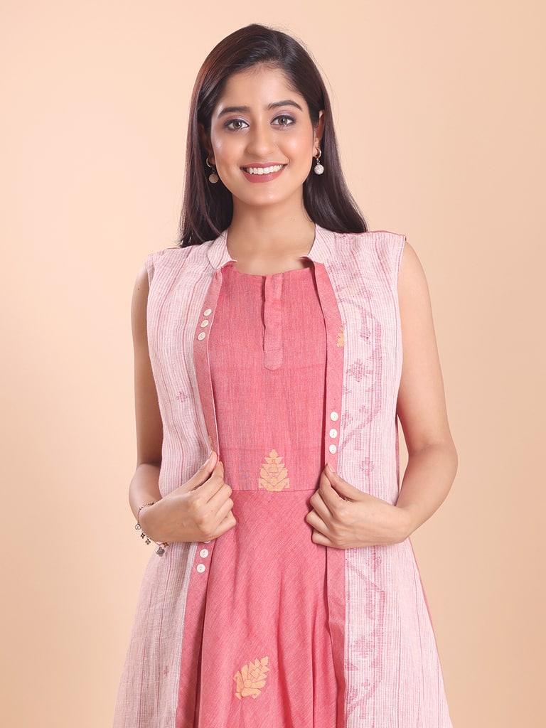 BLOUSON WOMEN COTTON LINEN JAMDANI LAYERED MIDI DRESS - View 2