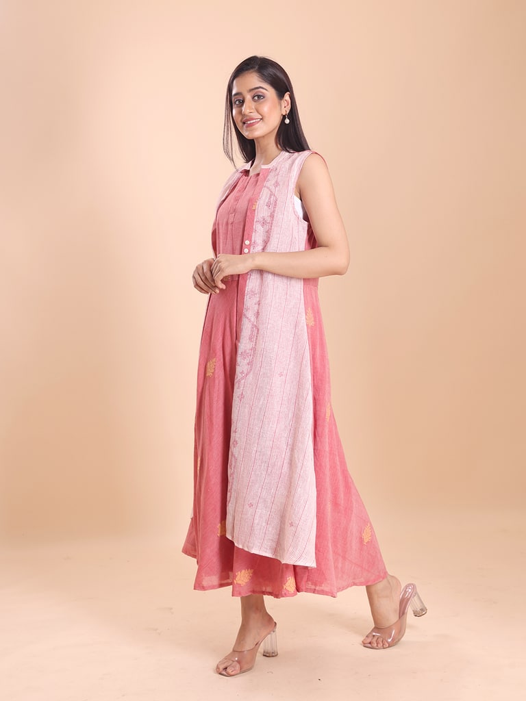 BLOUSON WOMEN COTTON LINEN JAMDANI LAYERED MIDI DRESS - View 4