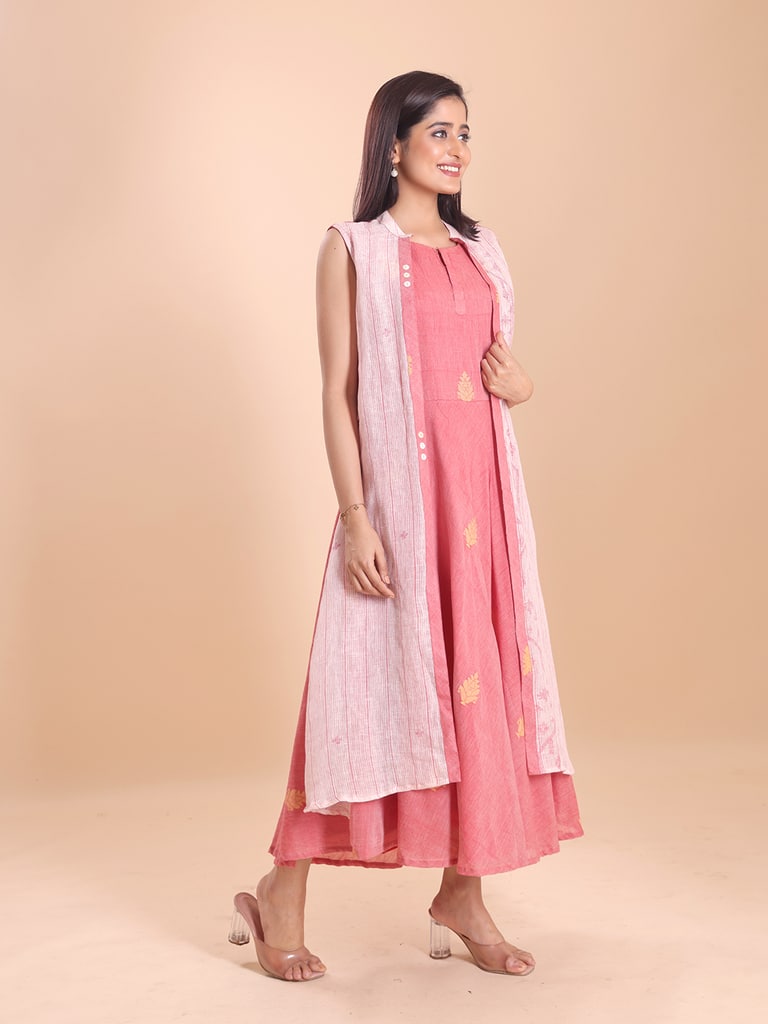 BLOUSON WOMEN COTTON LINEN JAMDANI LAYERED MIDI DRESS - View 5
