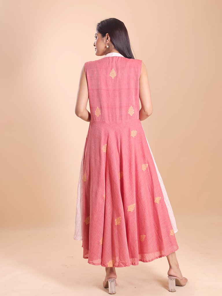 BLOUSON WOMEN COTTON LINEN JAMDANI LAYERED MIDI DRESS - View 6