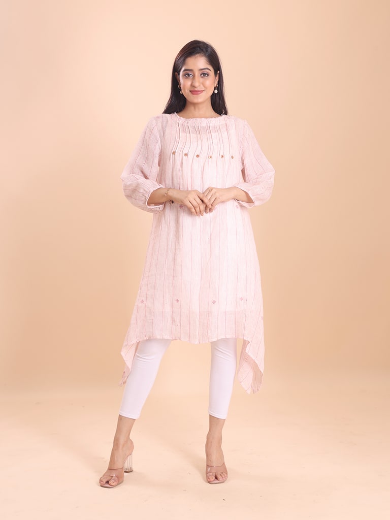 BLOUSON WOMEN LINEN JAMDANI A-LINE RAPEL DRESS - View 1