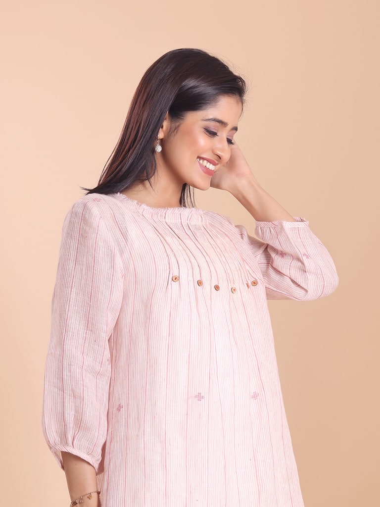 BLOUSON WOMEN LINEN JAMDANI A-LINE RAPEL DRESS - Thumbnail 5