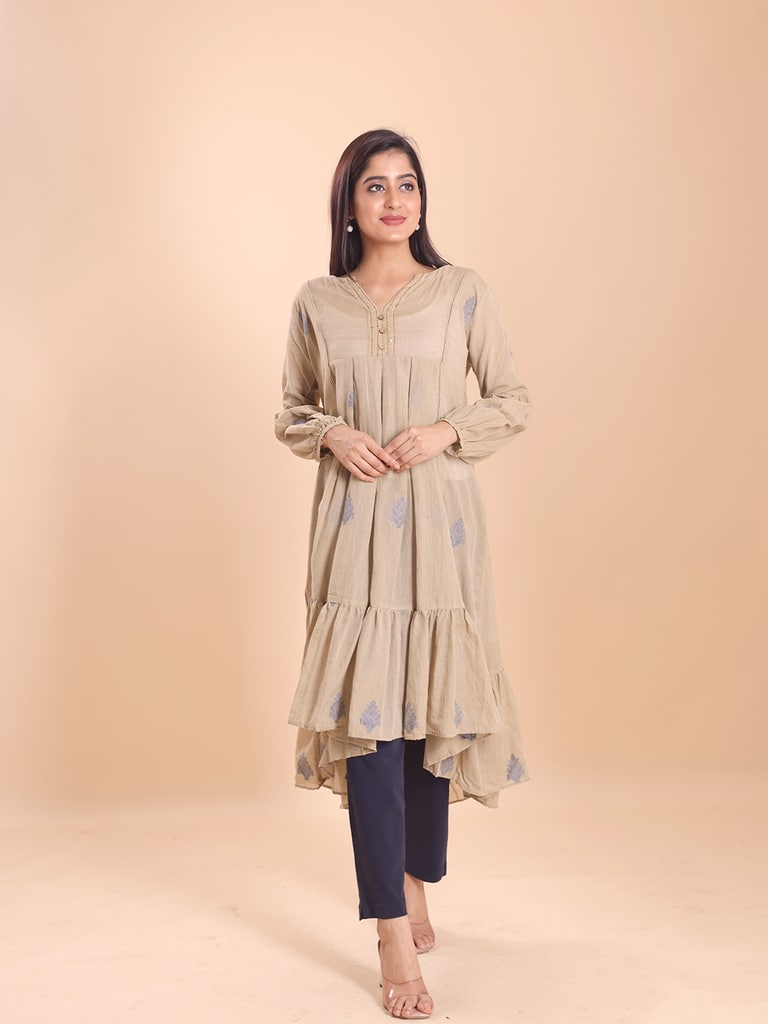 BLOUSON WOMEN COTTON JAMDANI FIT & FLARE EMPIRE DRESS - View 1
