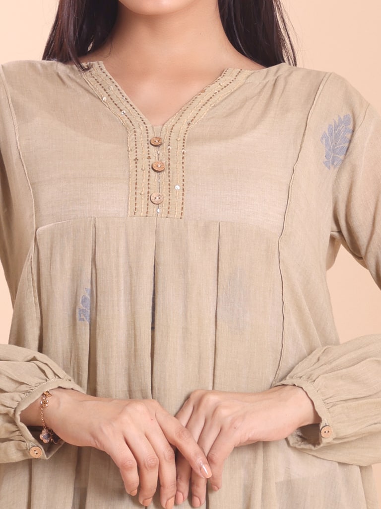 BLOUSON WOMEN COTTON JAMDANI FIT & FLARE EMPIRE DRESS - Thumbnail 3