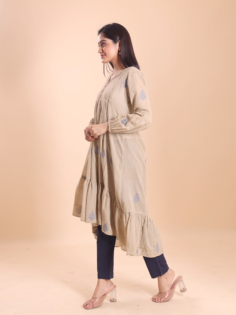 BLOUSON WOMEN COTTON JAMDANI FIT & FLARE EMPIRE DRESS - Thumbnail 4