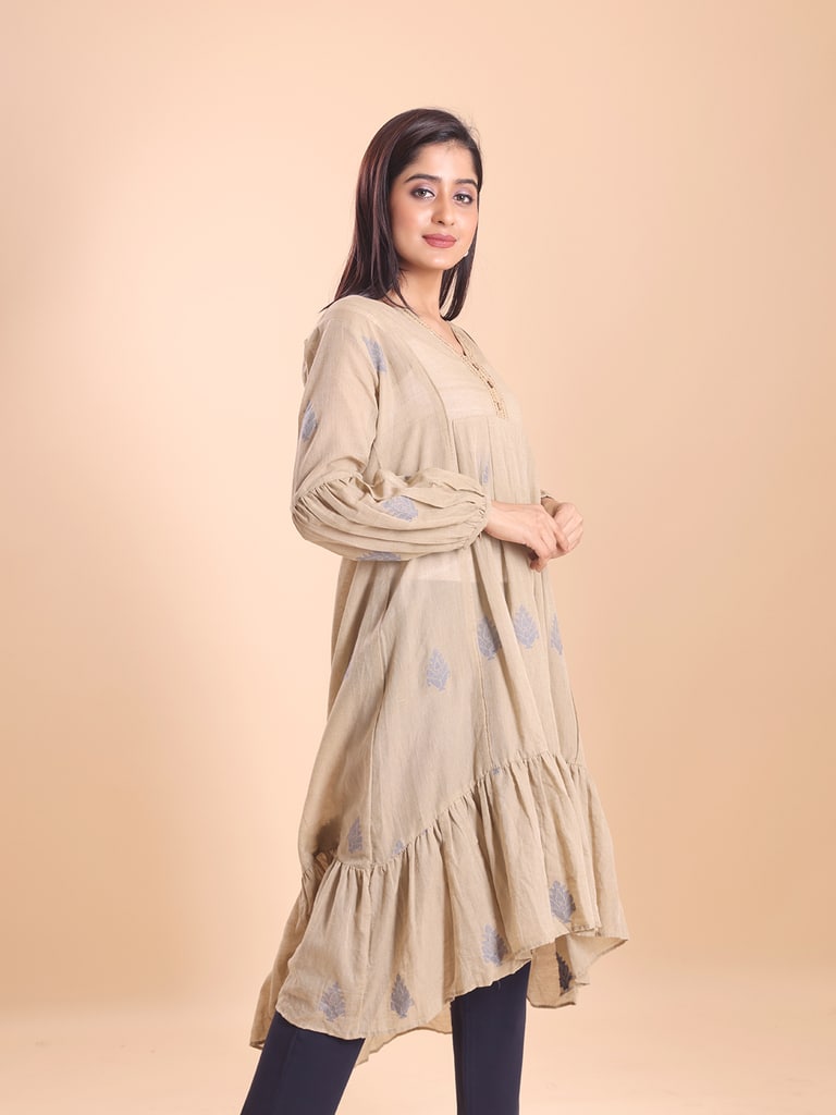 BLOUSON WOMEN COTTON JAMDANI FIT & FLARE EMPIRE DRESS - Thumbnail 5