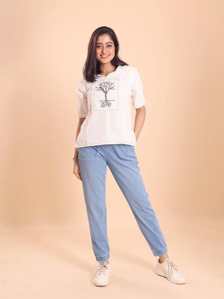 BLOUSON WOMEN KHADI COTTON HAND EMBROIDERED TOP - View 1