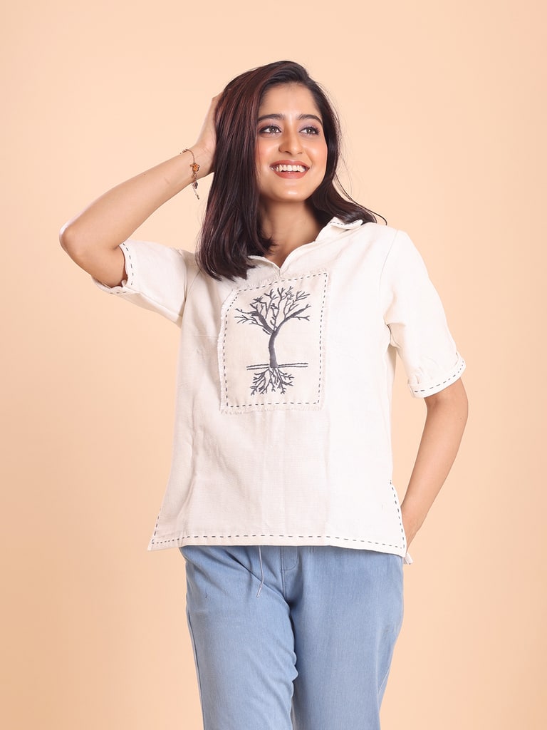 BLOUSON WOMEN KHADI COTTON HAND EMBROIDERED TOP - View 2