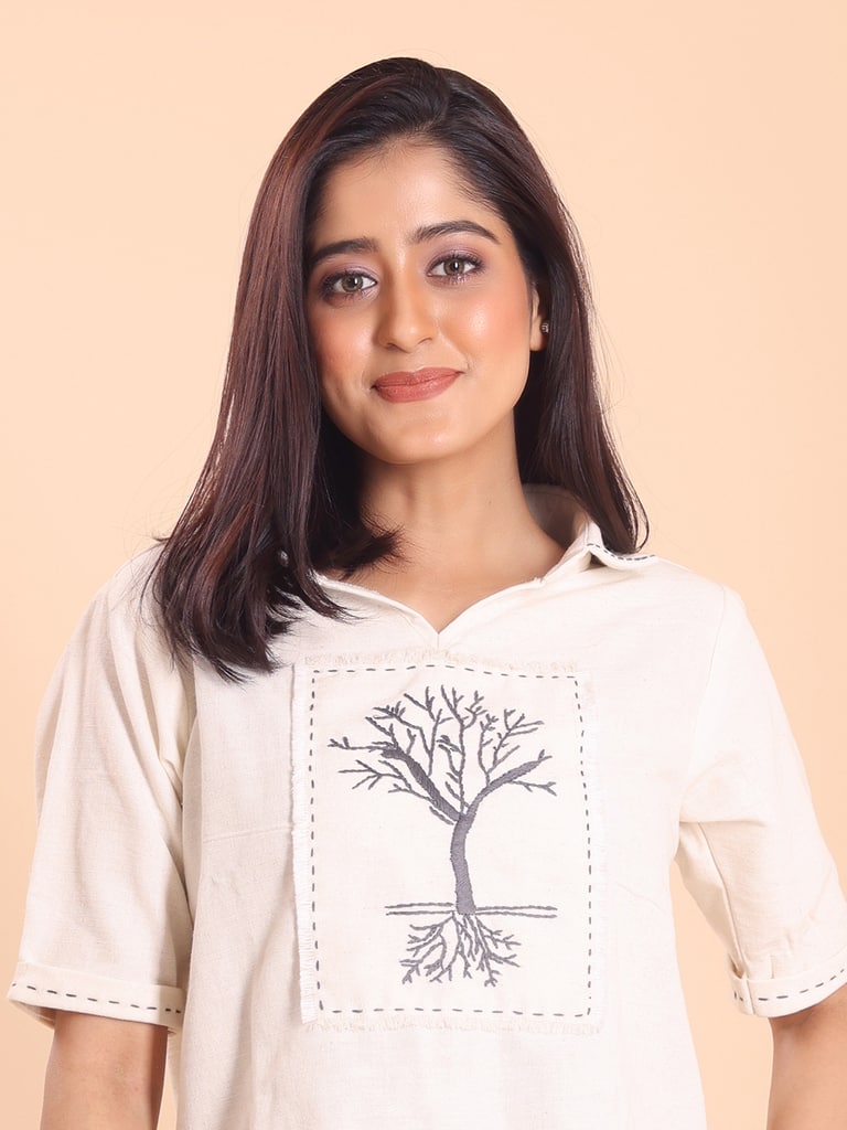 BLOUSON WOMEN KHADI COTTON HAND EMBROIDERED TOP - Thumbnail 3
