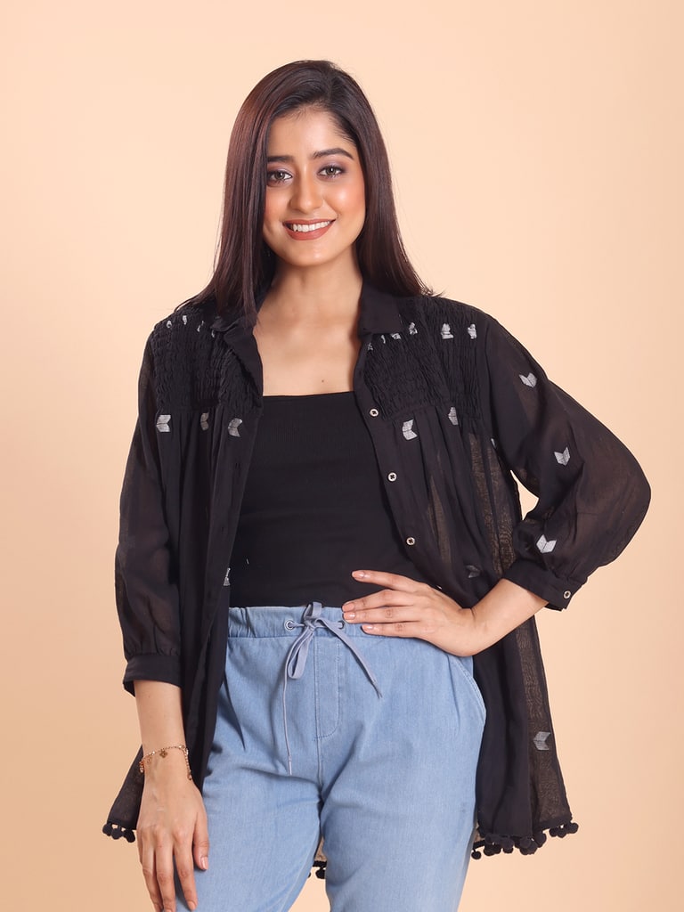 BLOUSON WOMEN JAMDANI COTTON SHIRRED SHIRT - View 2
