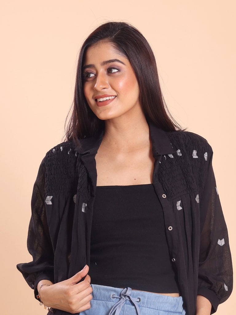 BLOUSON WOMEN JAMDANI COTTON SHIRRED SHIRT - Thumbnail 3