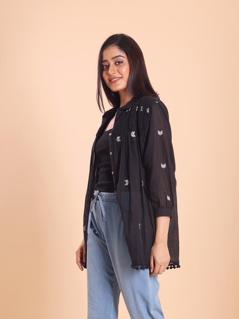 BLOUSON WOMEN JAMDANI COTTON SHIRRED SHIRT - Thumbnail 4
