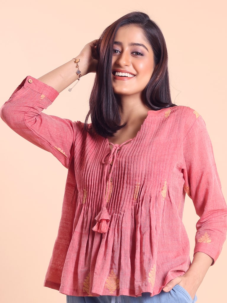 BLOUSON WOMEN COTTON JAMDANI FIT & FLARE TOP - Thumbnail 3