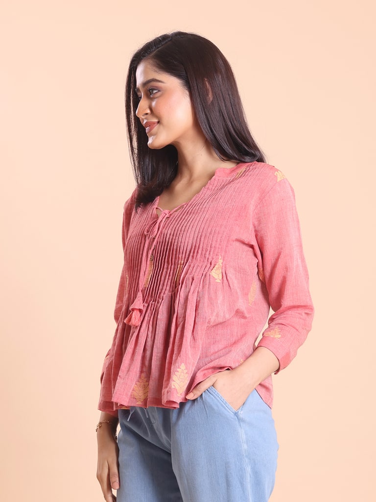 BLOUSON WOMEN COTTON JAMDANI FIT & FLARE TOP - Thumbnail 4