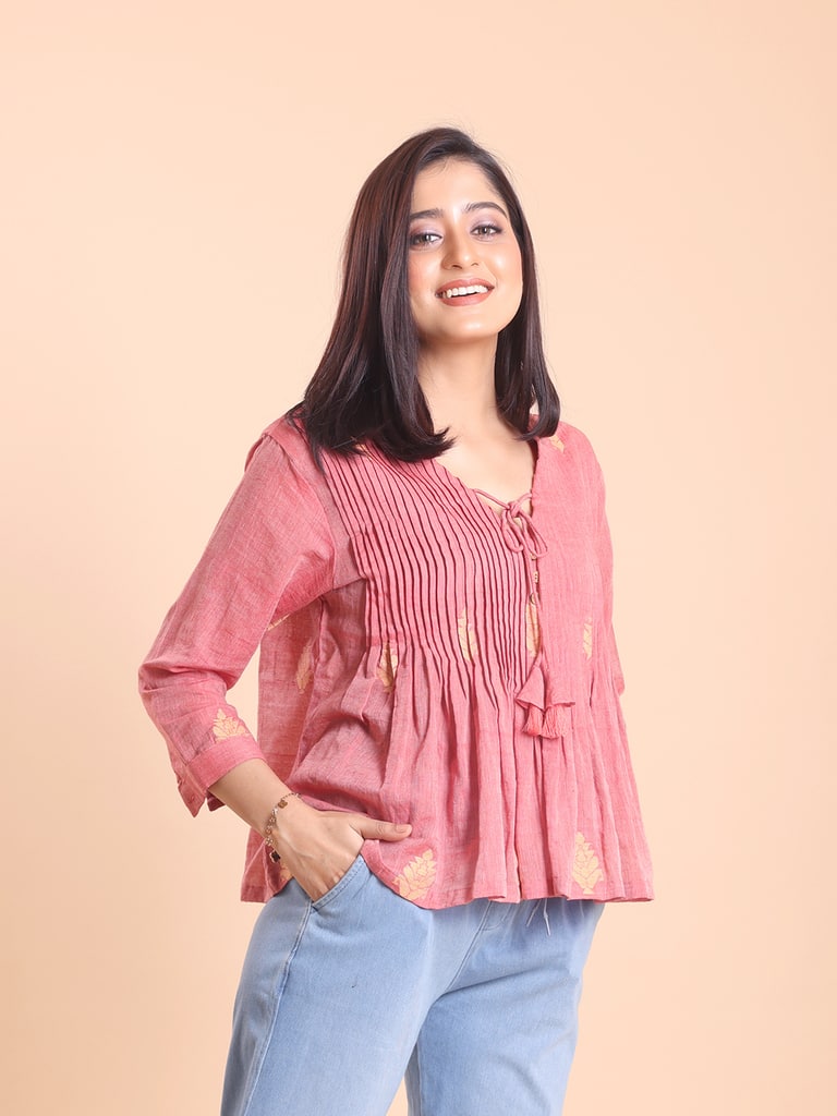 BLOUSON WOMEN COTTON JAMDANI FIT & FLARE TOP - Thumbnail 5