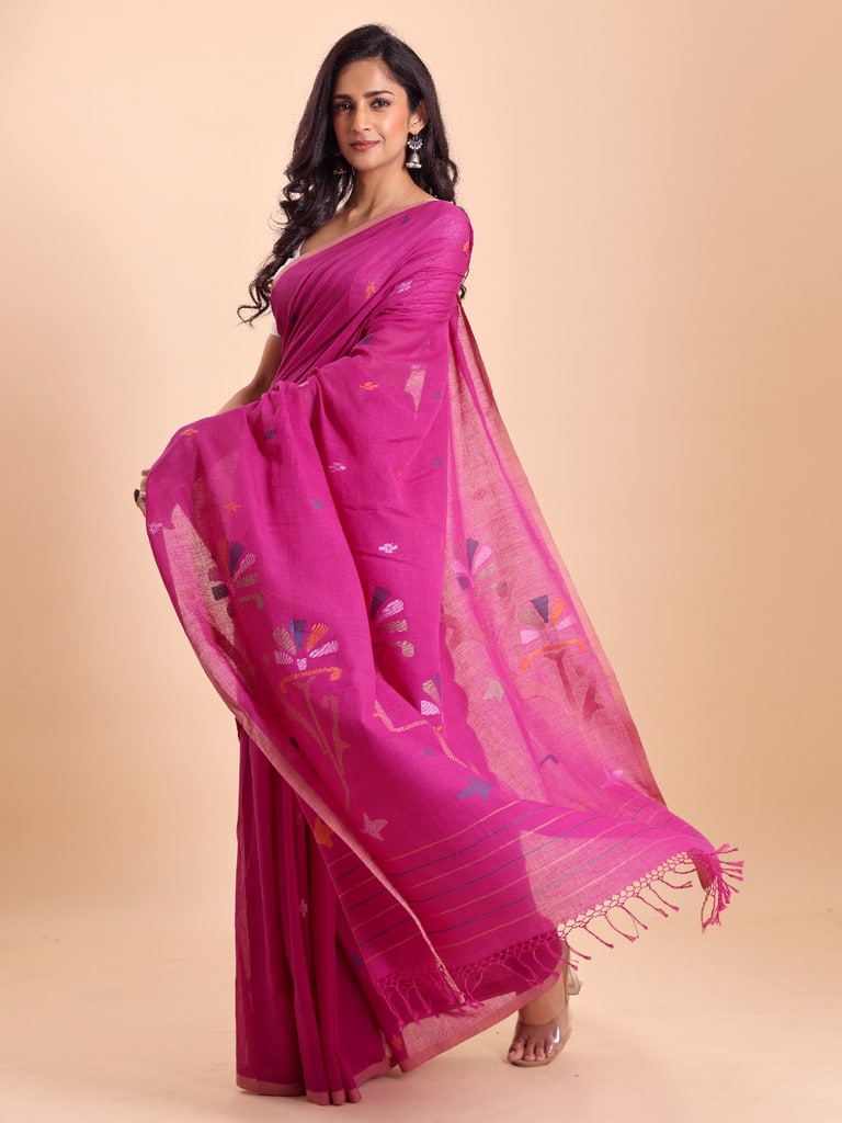 Handloom Malmal Cotton Handwoven Jamdani Saree - Fuchsia - View 1