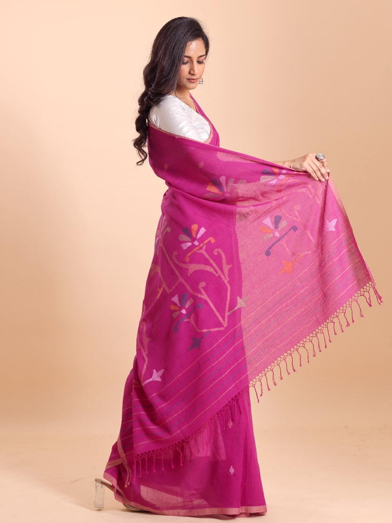 Handloom Malmal Cotton Handwoven Jamdani Saree - Fuchsia - Thumbnail 3